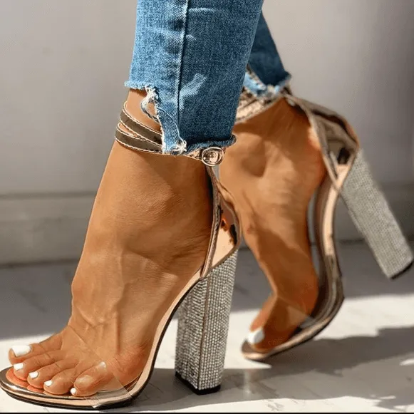 Summer Rhinestone Buckle High Chunky Heel Sandals