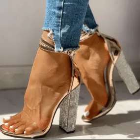 Summer Rhinestone Buckle High Chunky Heel Sandals