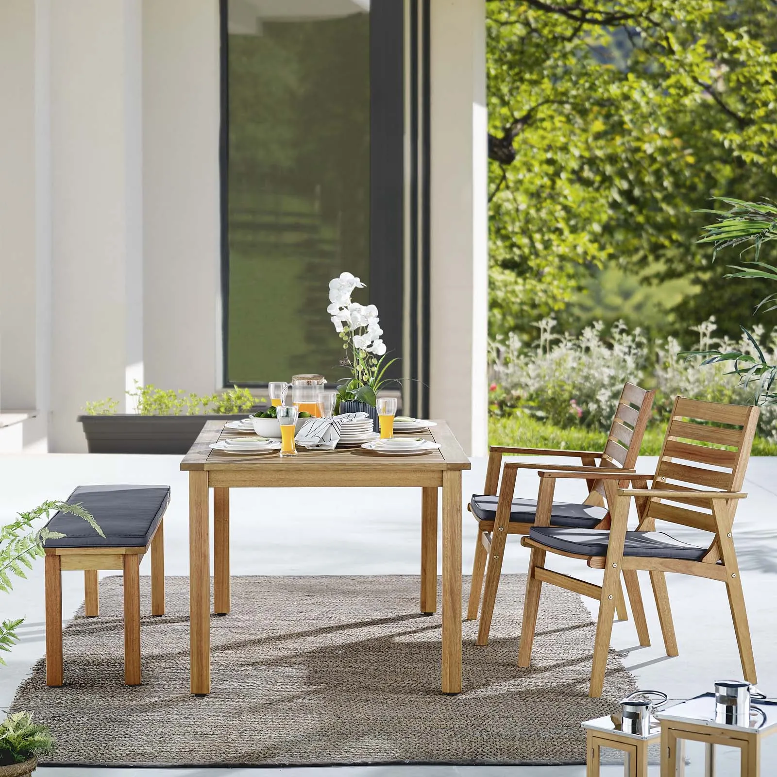 Syracuse 4 Piece Outdoor Patio Eucalyptus Wood Dining Set in Natural Gray