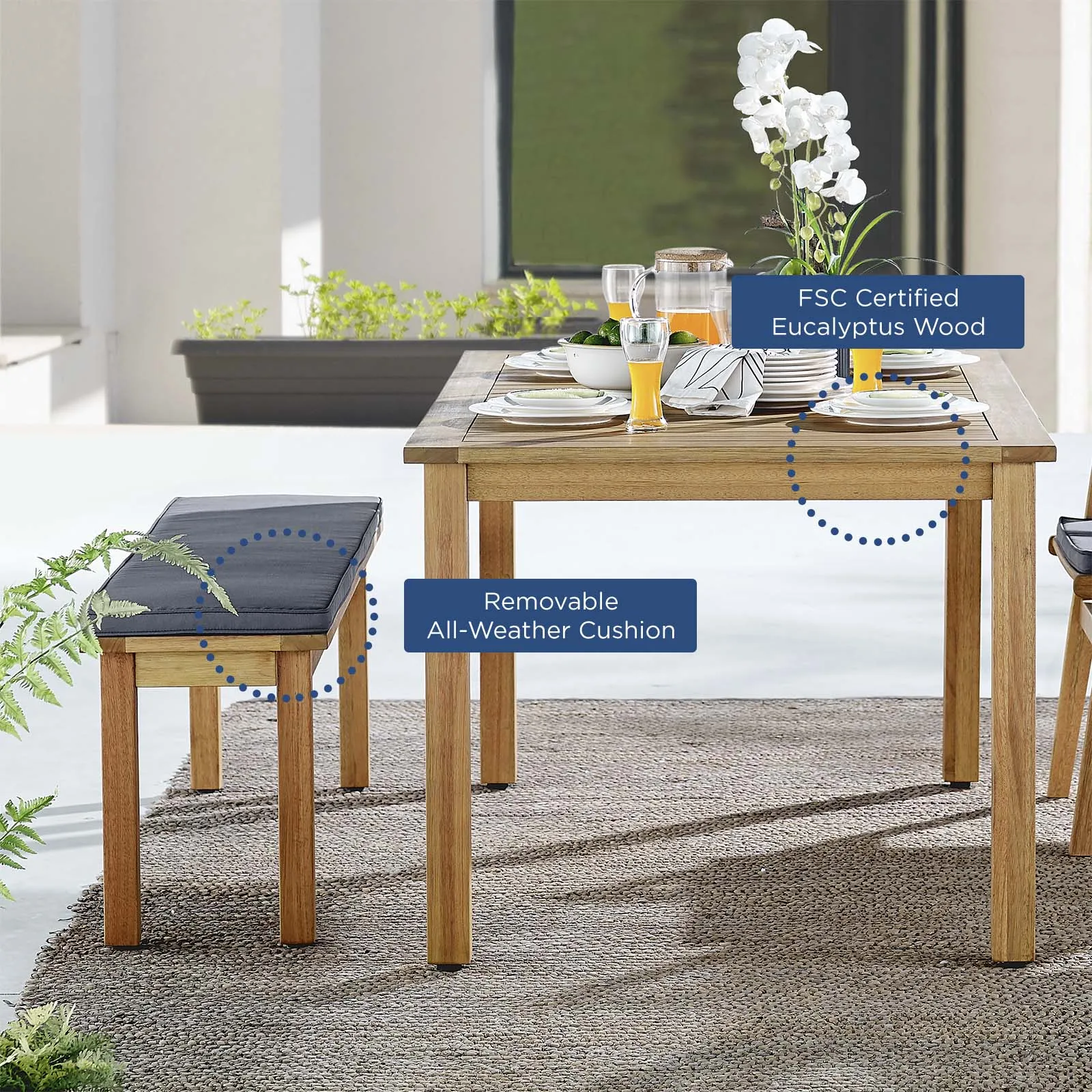 Syracuse Outdoor Patio Dining Table and Bench Set Natural Gray