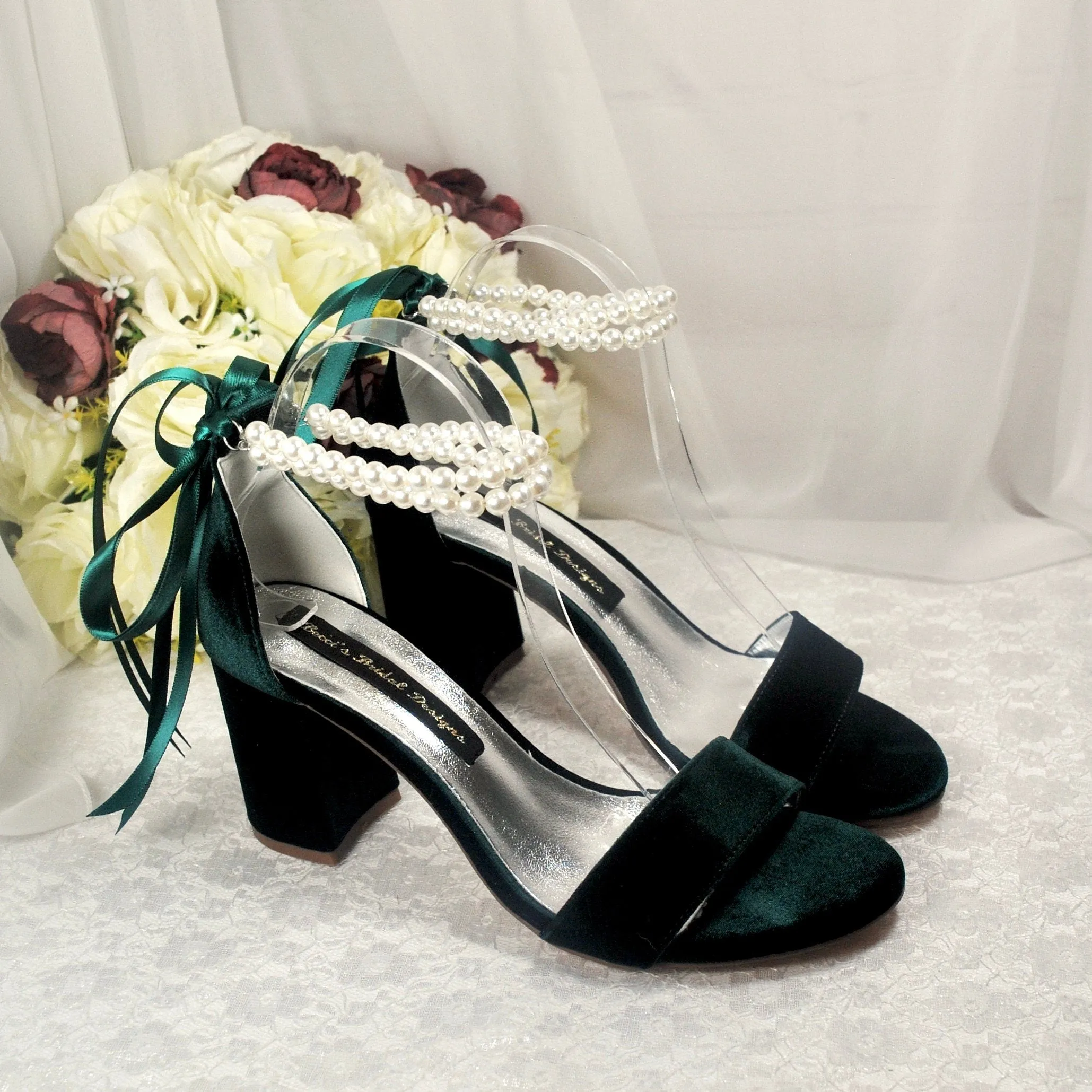 Velvet Bridal Sandals with Pearls - Other Colours