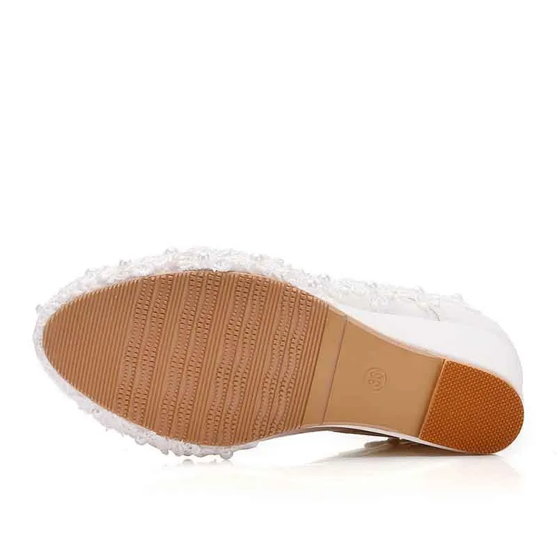 Wedding Platform Wedges Shoes Round Toe Lace Up Pumps Bridal Shoes