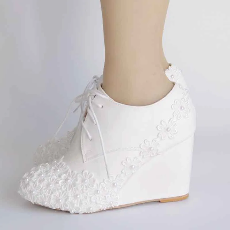 Wedding Platform Wedges Shoes Round Toe Lace Up Pumps Bridal Shoes
