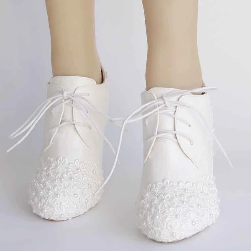 Wedding Platform Wedges Shoes Round Toe Lace Up Pumps Bridal Shoes