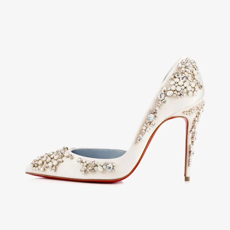 White Crepe Satin Pumps with Crystal Embellishments