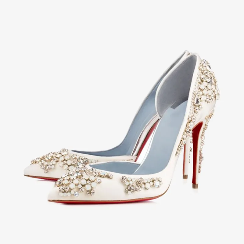 White Crepe Satin Pumps with Crystal Embellishments