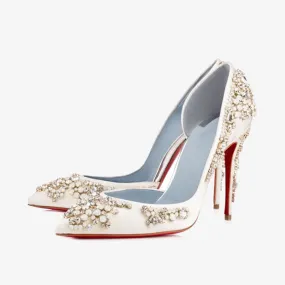 White Crepe Satin Pumps with Crystal Embellishments