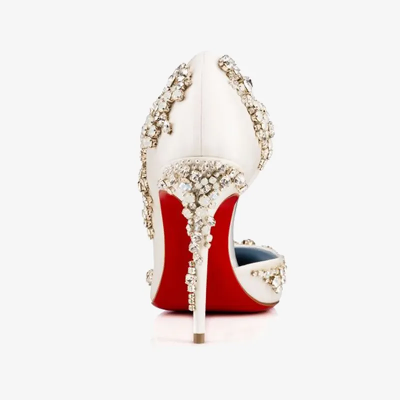 White Crepe Satin Pumps with Crystal Embellishments