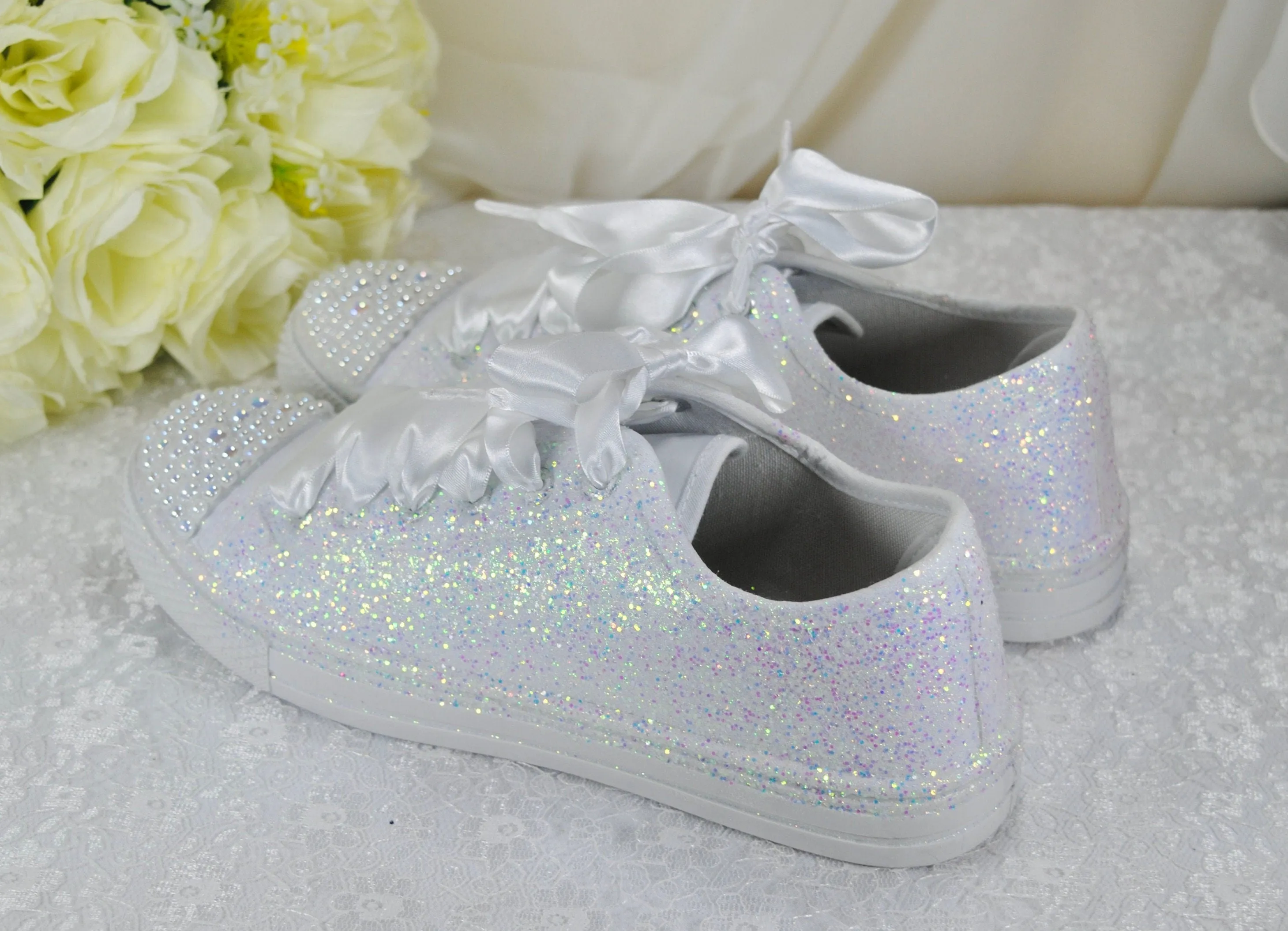 White Glitter Wedding Trainers / Sneakers - Size UK8/US10.5