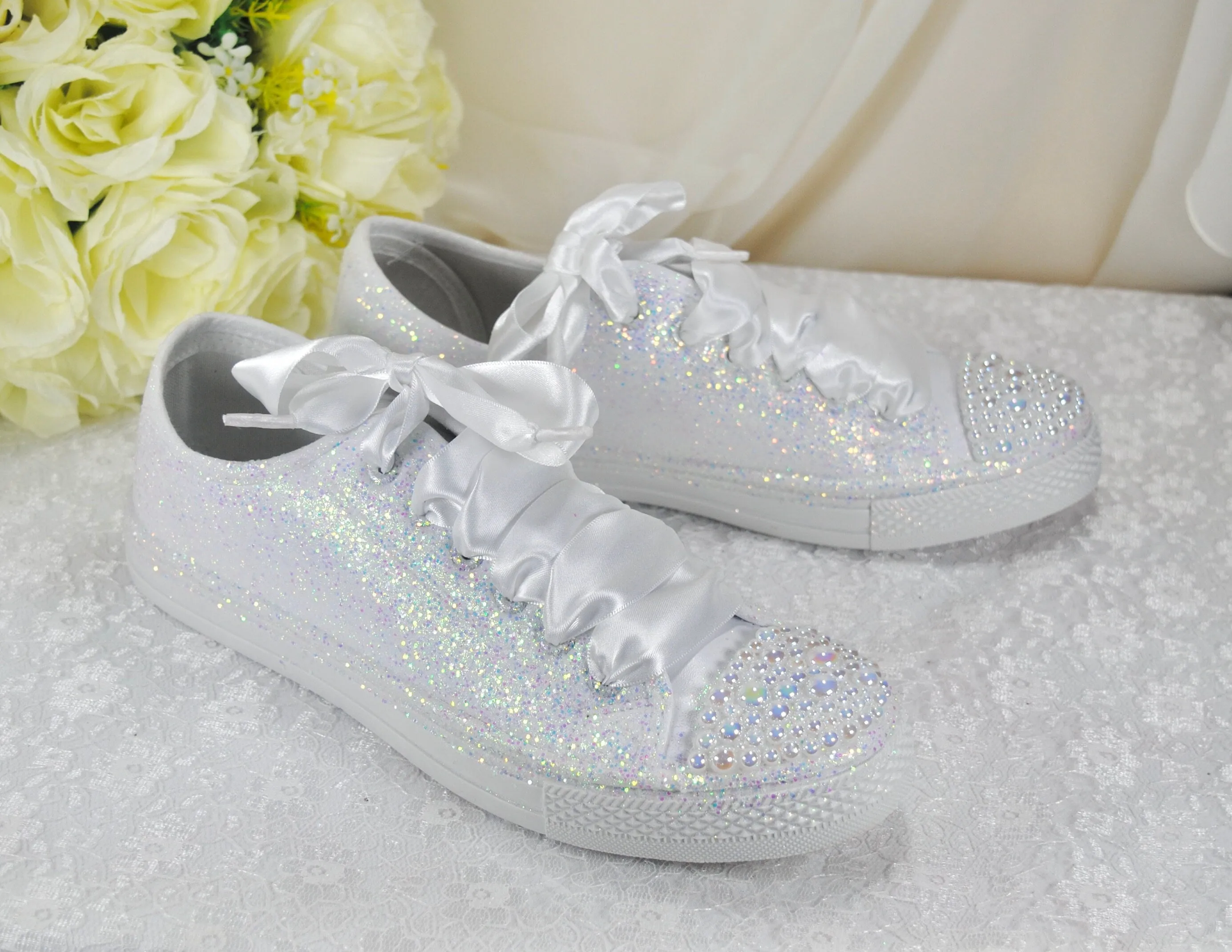 White Glitter Wedding Trainers / Sneakers - Size UK8/US10.5