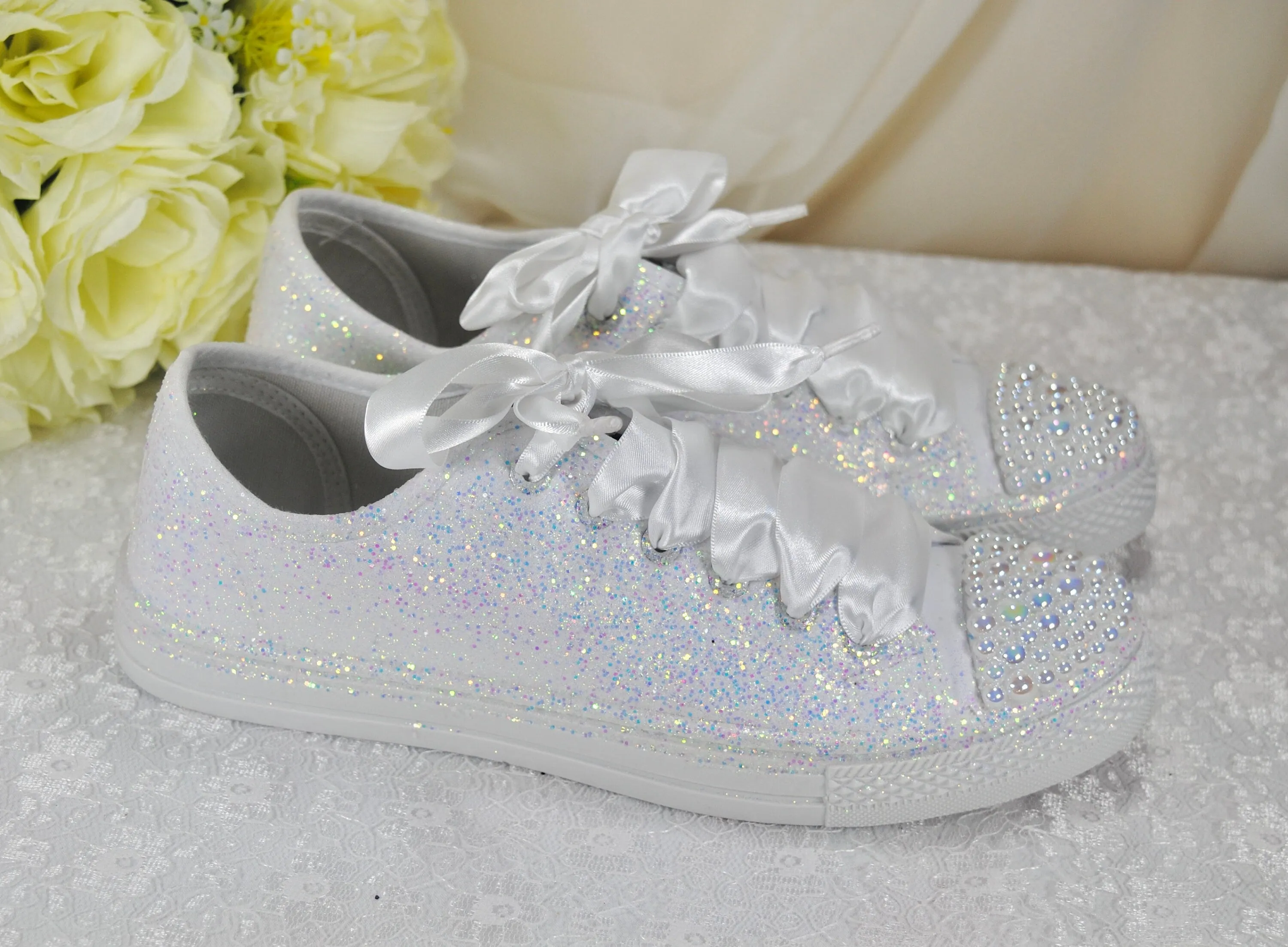 White Glitter Wedding Trainers / Sneakers - Size UK8/US10.5