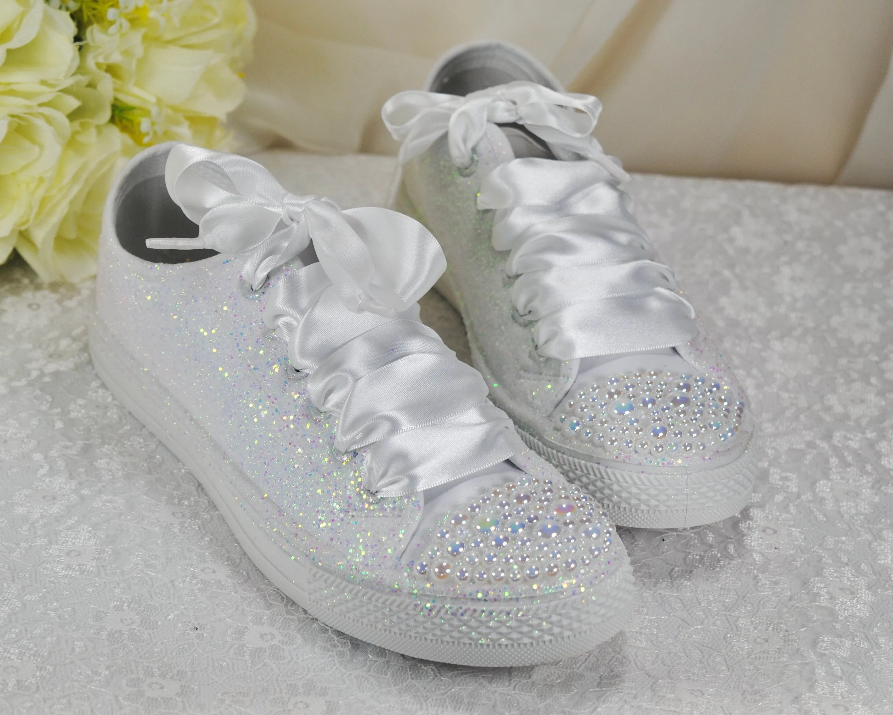 White Glitter Wedding Trainers / Sneakers - Size UK8/US10.5