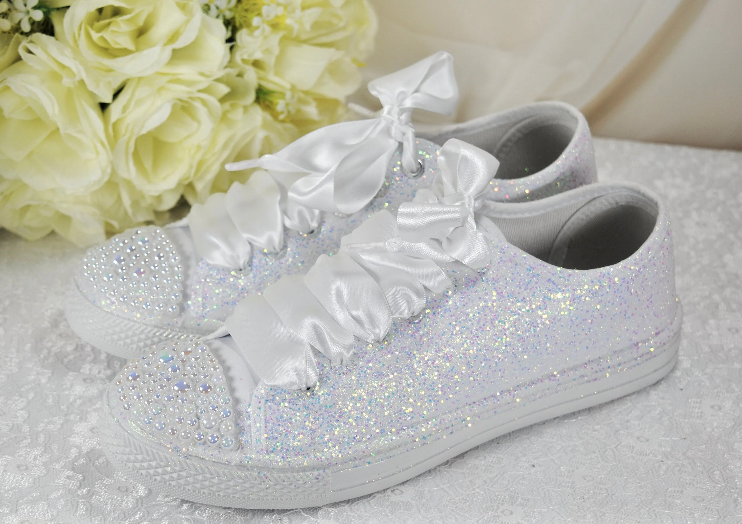White Glitter Wedding Trainers / Sneakers - Size UK8/US10.5
