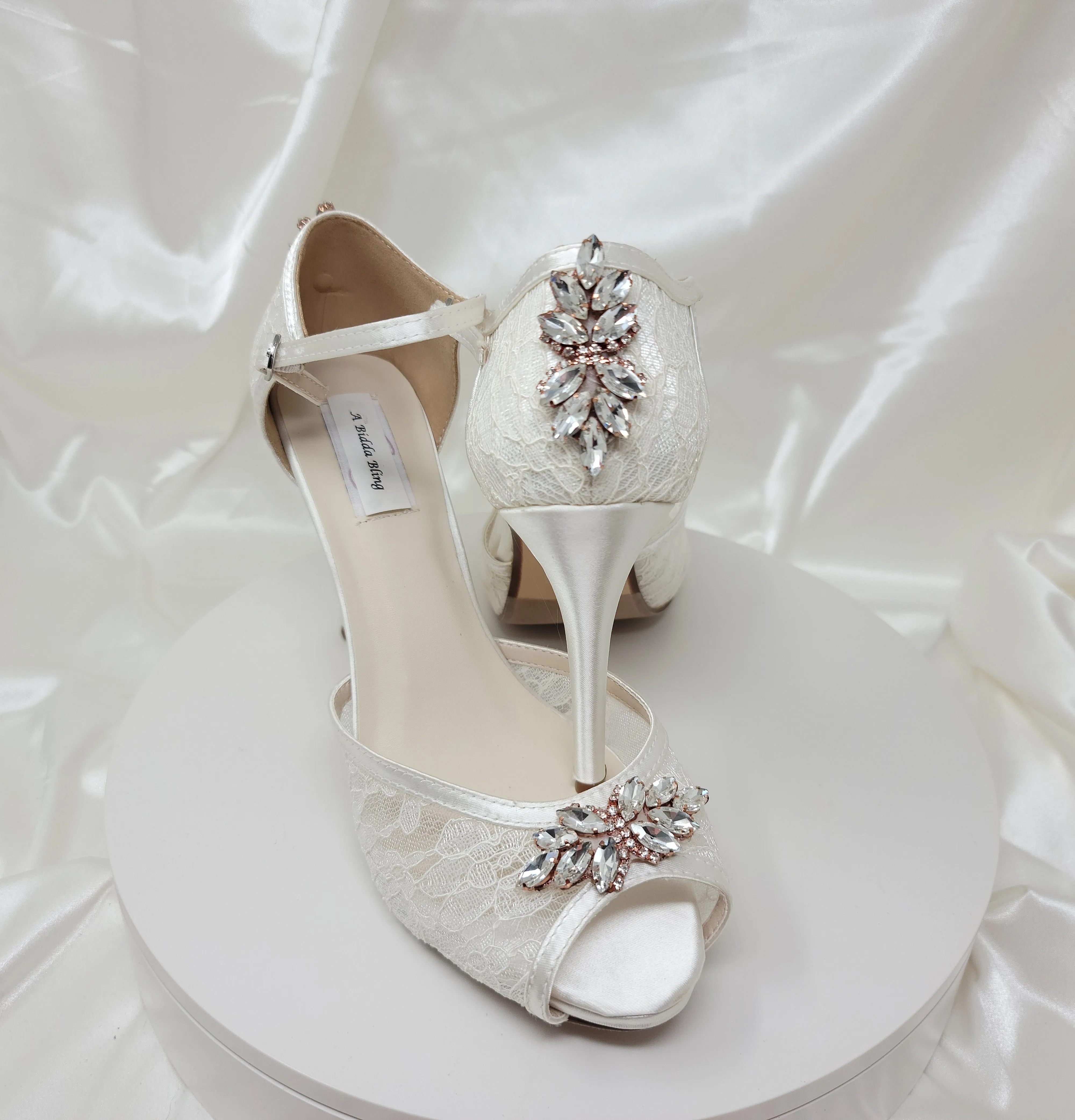 White Lace Bridal Shoes with Rose Gold Front and Heeel Applique