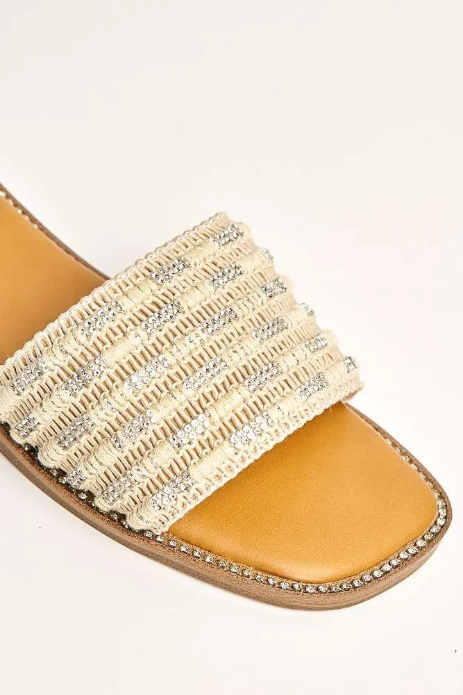 Wickee Diamante Detailed Sliders in Beige