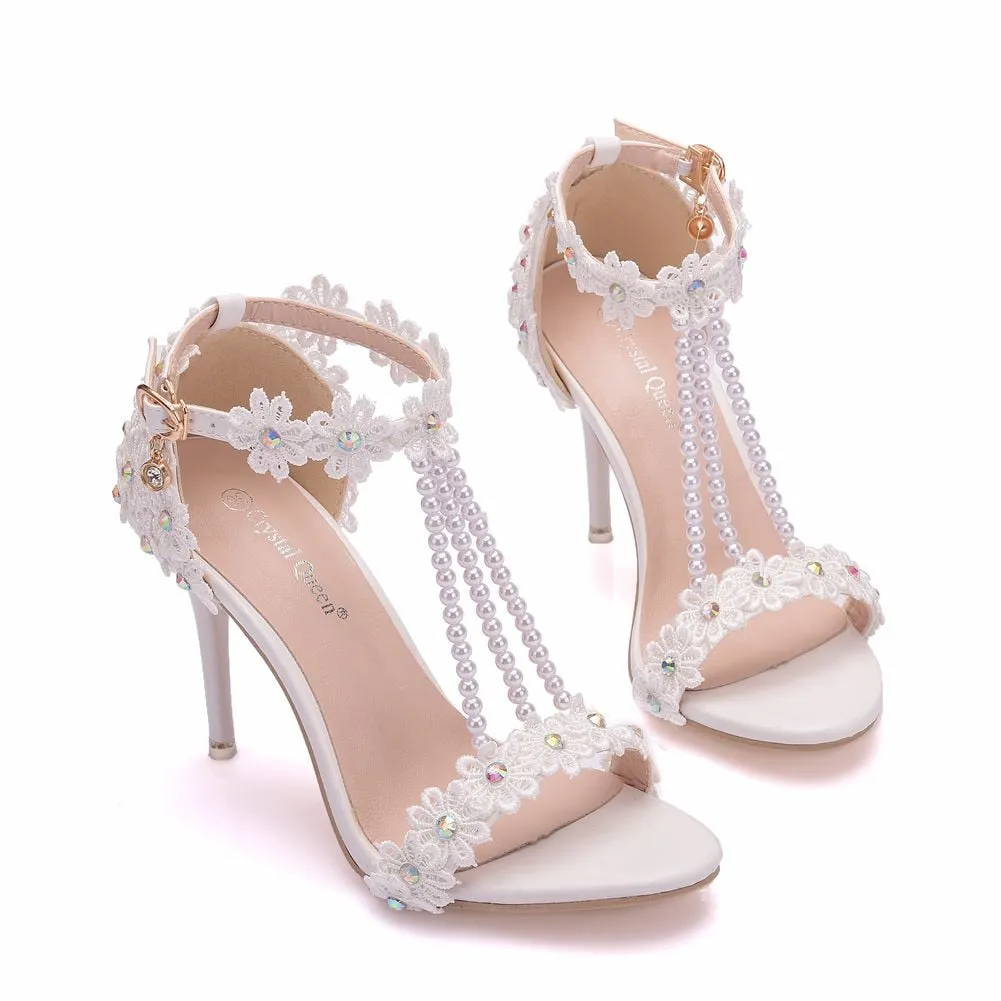 Women Sandals White Lace Flowers Pearl Tassel Bridal 9cm Heel Fine High Heels Slender