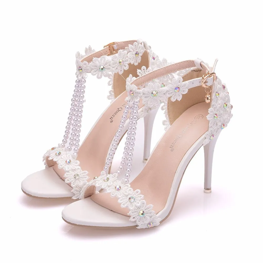 Women Sandals White Lace Flowers Pearl Tassel Bridal 9cm Heel Fine High Heels Slender