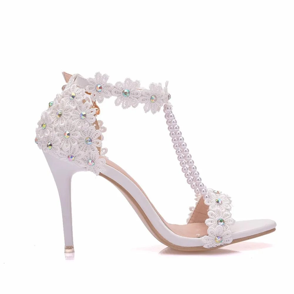 Women Sandals White Lace Flowers Pearl Tassel Bridal 9cm Heel Fine High Heels Slender