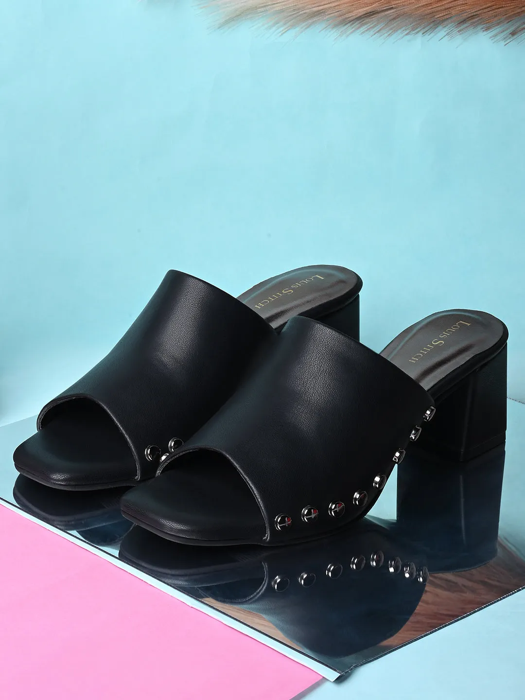 Women's Black Block Heel Side Studds Lightweight Sandals