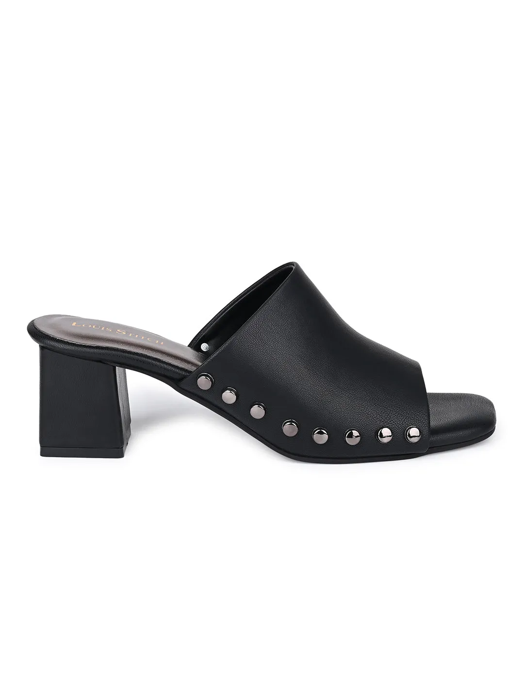 Women's Black Block Heel Side Studds Lightweight Sandals