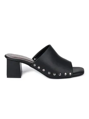 Women's Black Block Heel Side Studds Lightweight Sandals