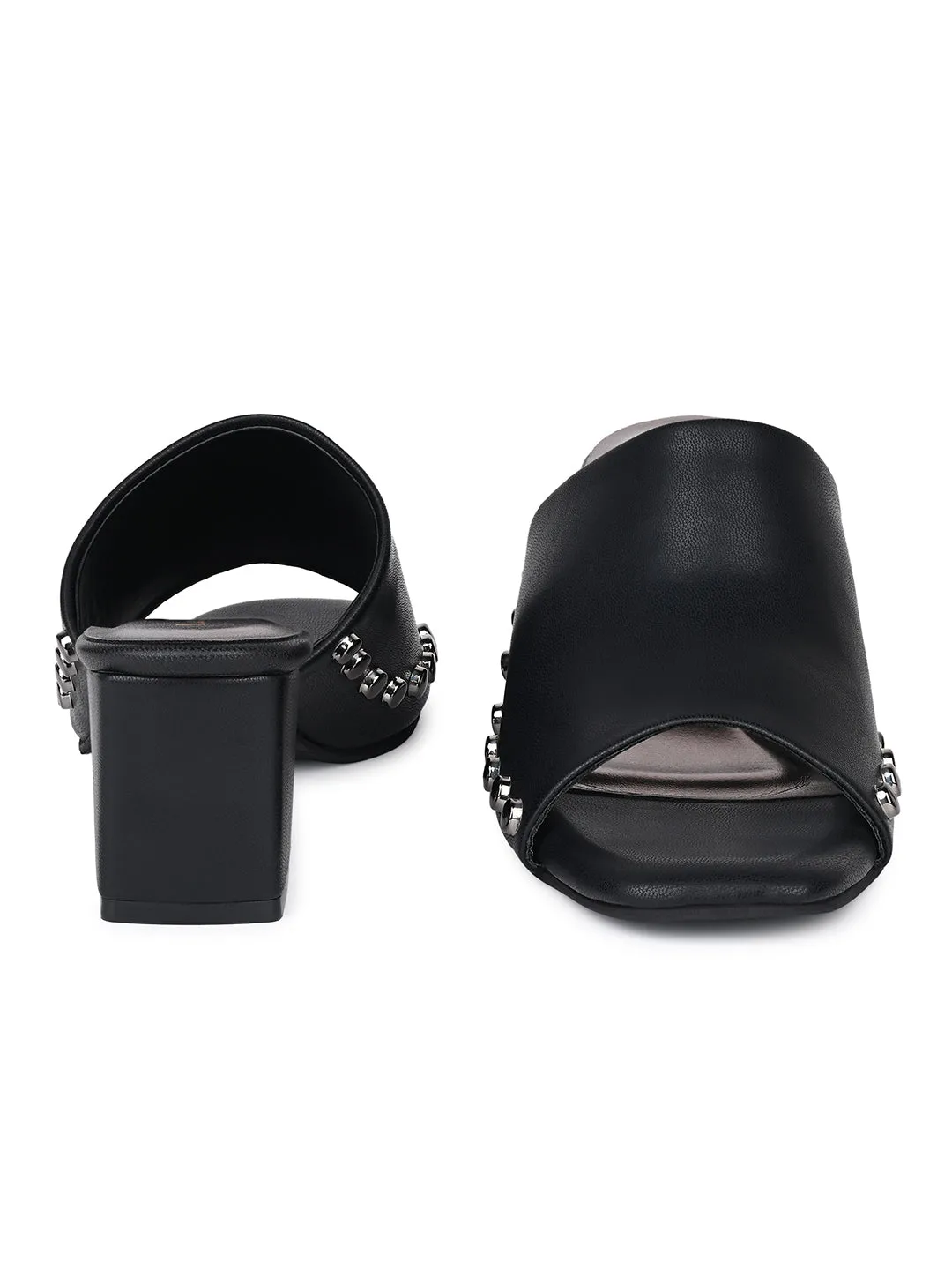 Women's Black Block Heel Side Studds Lightweight Sandals