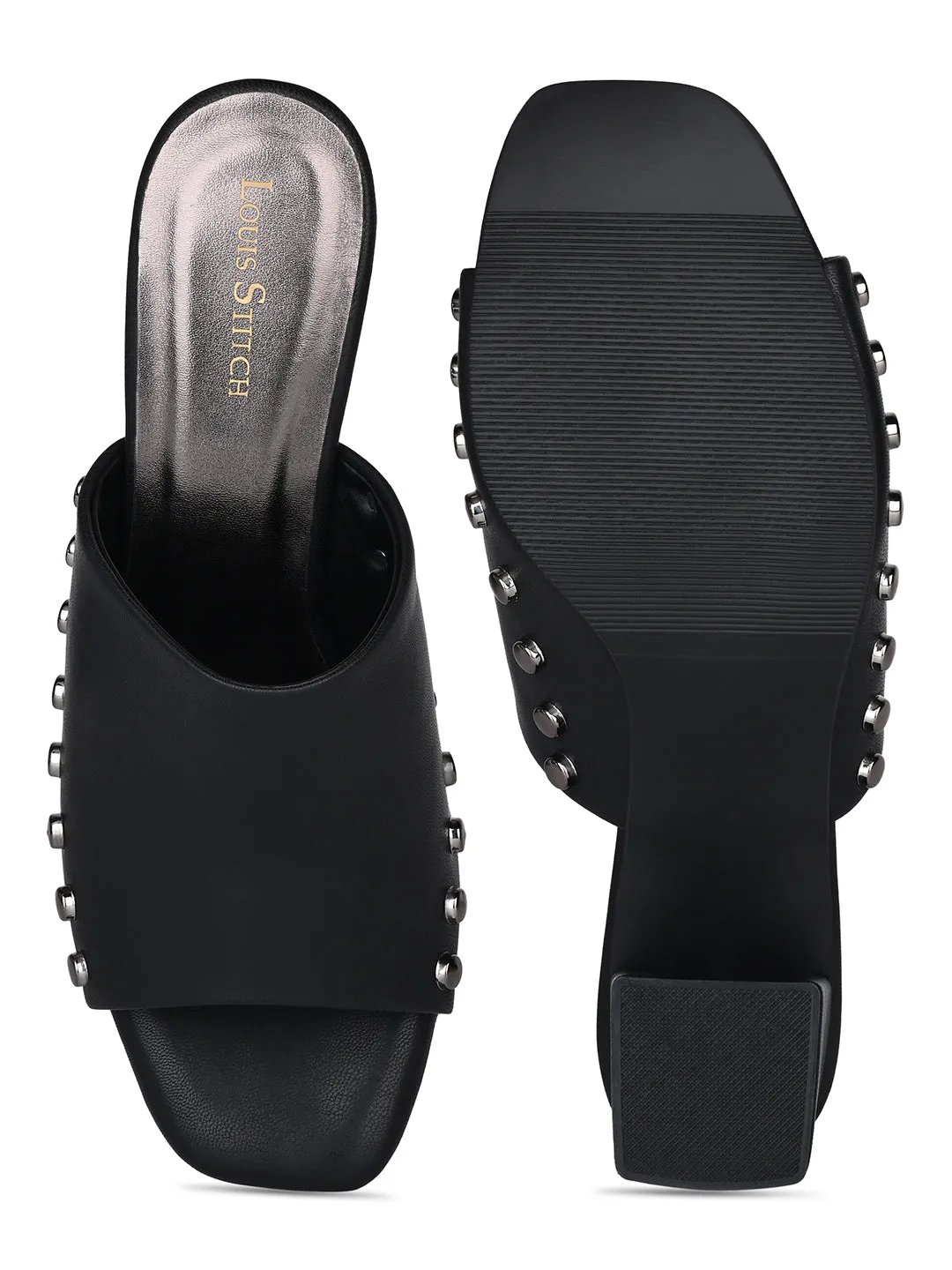 Women's Black Block Heel Side Studds Lightweight Sandals
