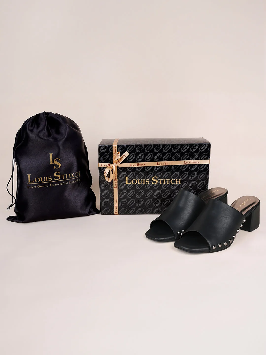 Women's Black Block Heel Side Studds Lightweight Sandals