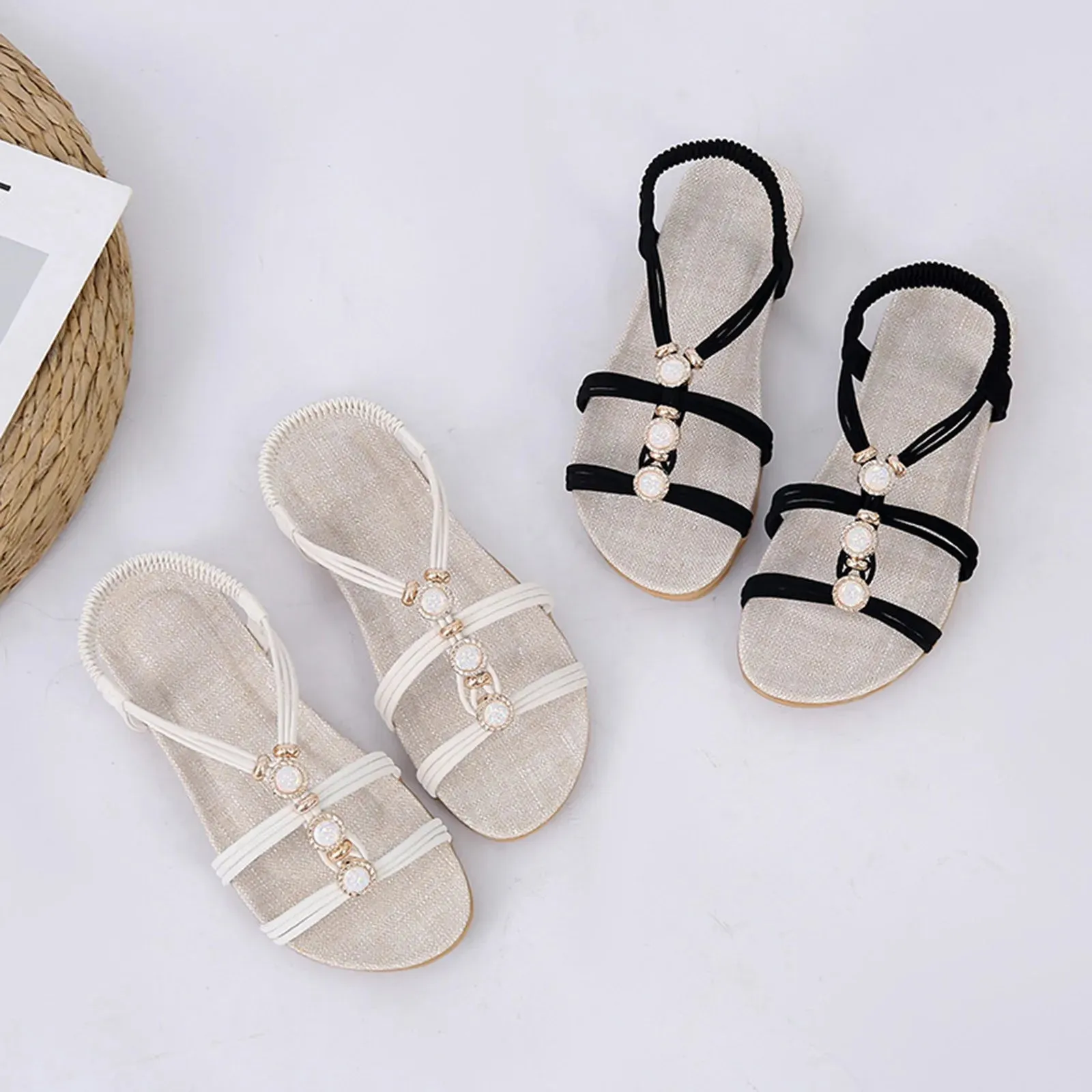 Women's sandals Ladies Fashion Suede Rhinestone Elastic Band Open Toe Flat Roman Sandals elegant sandals woman
