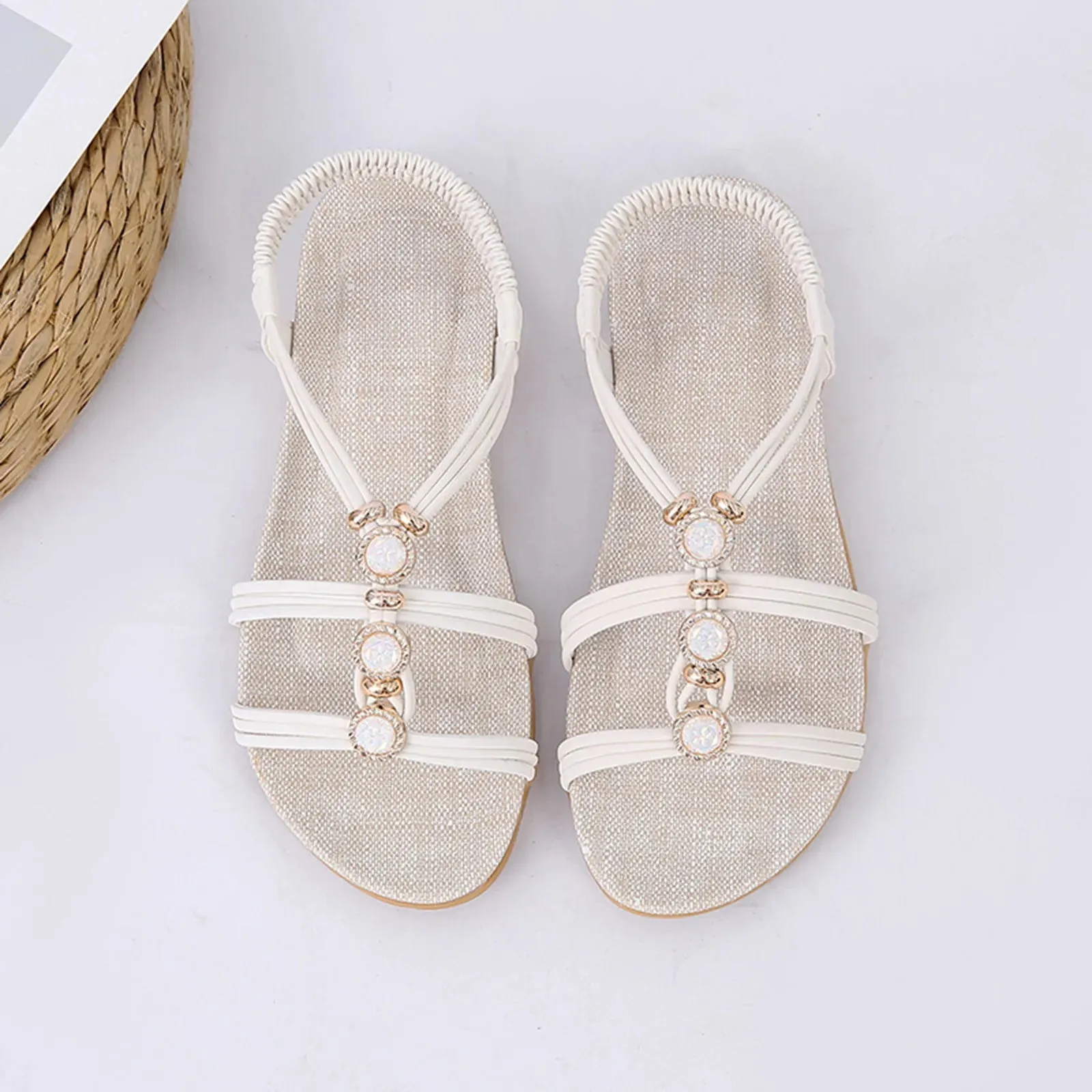 Women's sandals Ladies Fashion Suede Rhinestone Elastic Band Open Toe Flat Roman Sandals elegant sandals woman
