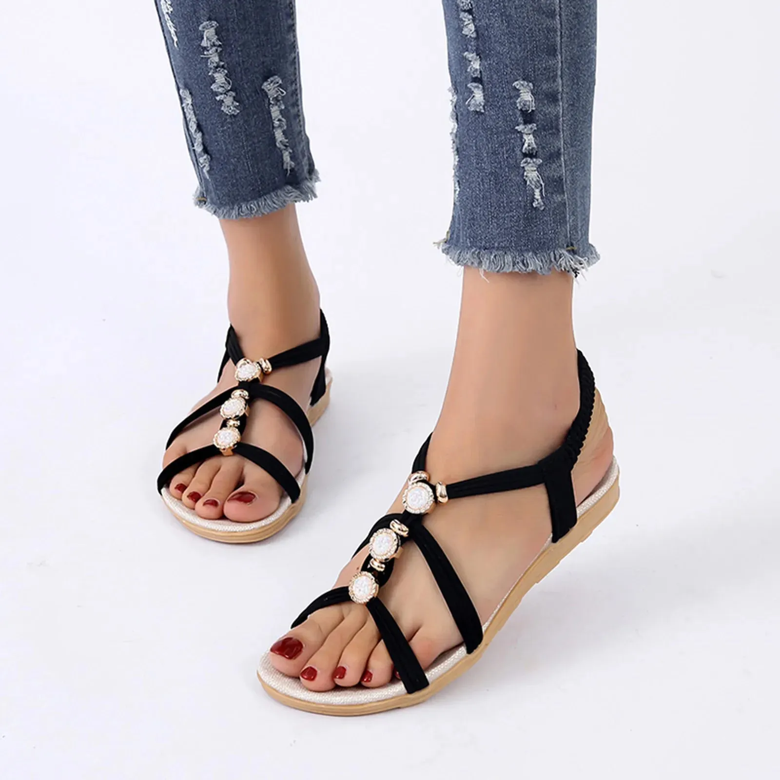 Women's sandals Ladies Fashion Suede Rhinestone Elastic Band Open Toe Flat Roman Sandals elegant sandals woman