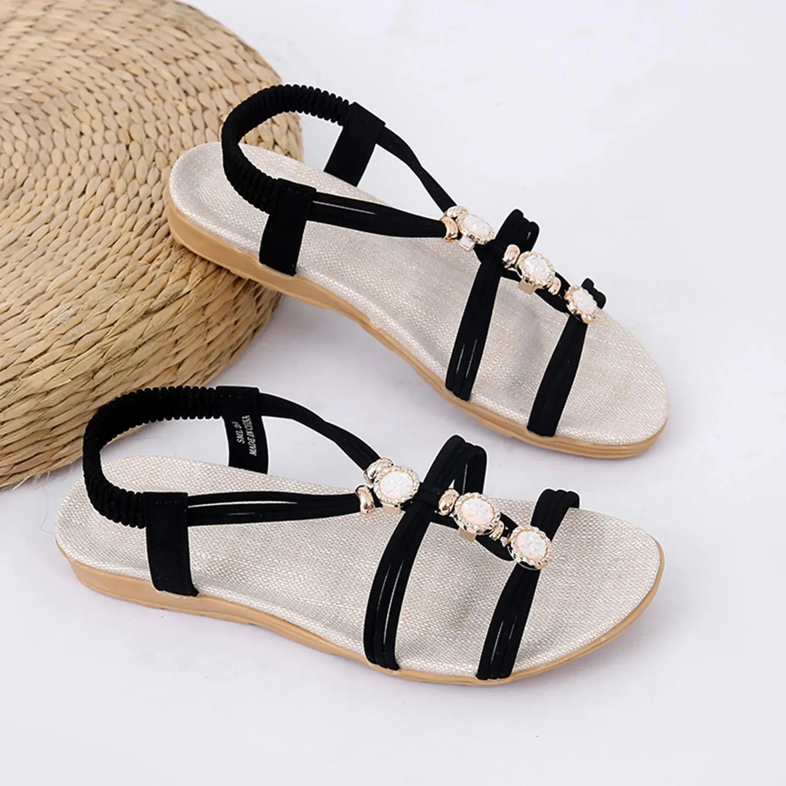 Women's sandals Ladies Fashion Suede Rhinestone Elastic Band Open Toe Flat Roman Sandals elegant sandals woman