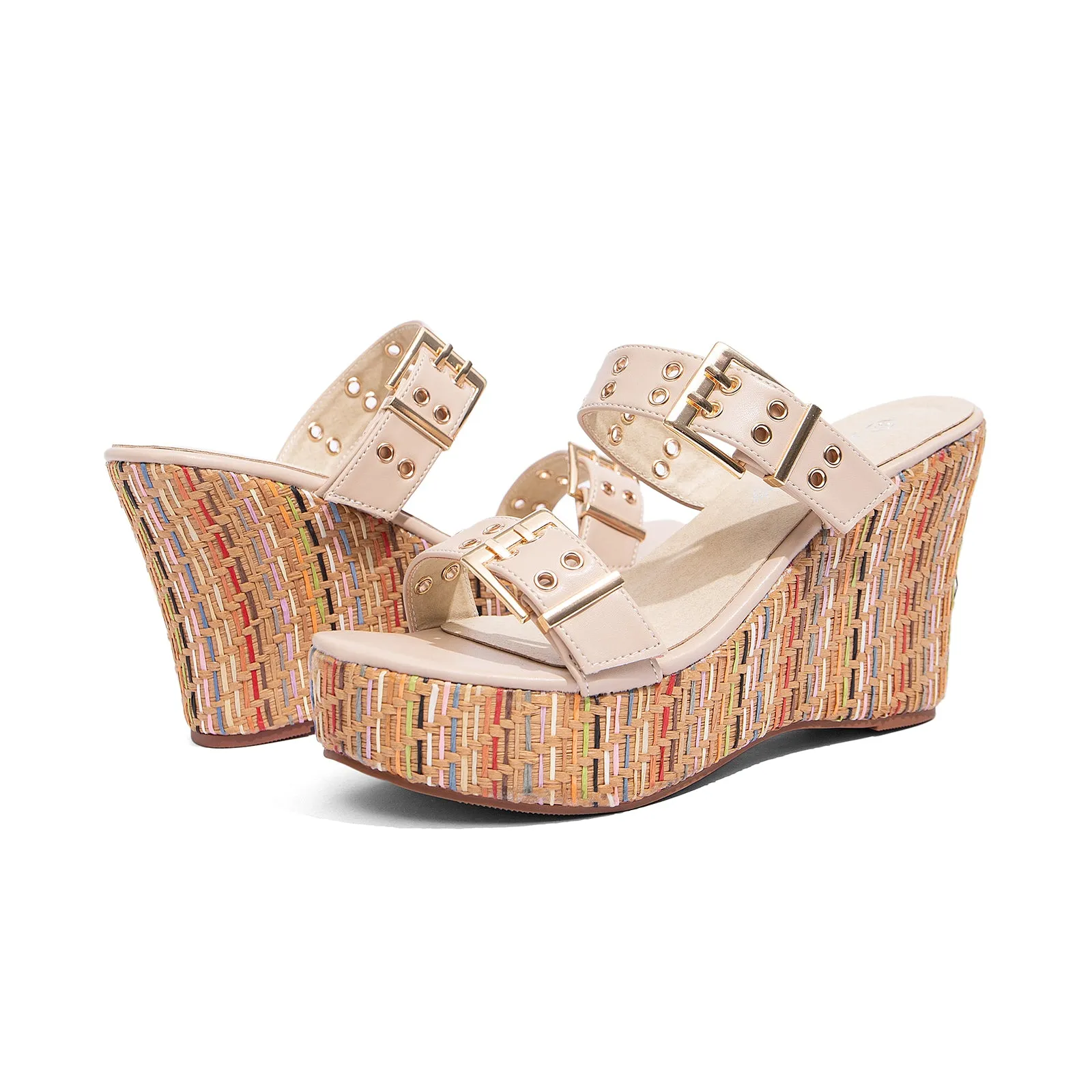Women's Slides Wedge Sandals with Buckle Strap Slip On Peep Toe Platform Sandals High Heels Shoes