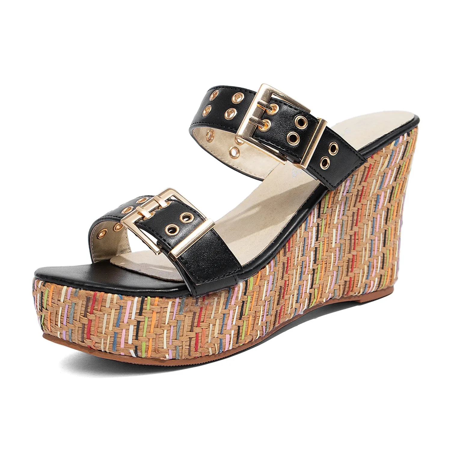 Women's Slides Wedge Sandals with Buckle Strap Slip On Peep Toe Platform Sandals High Heels Shoes