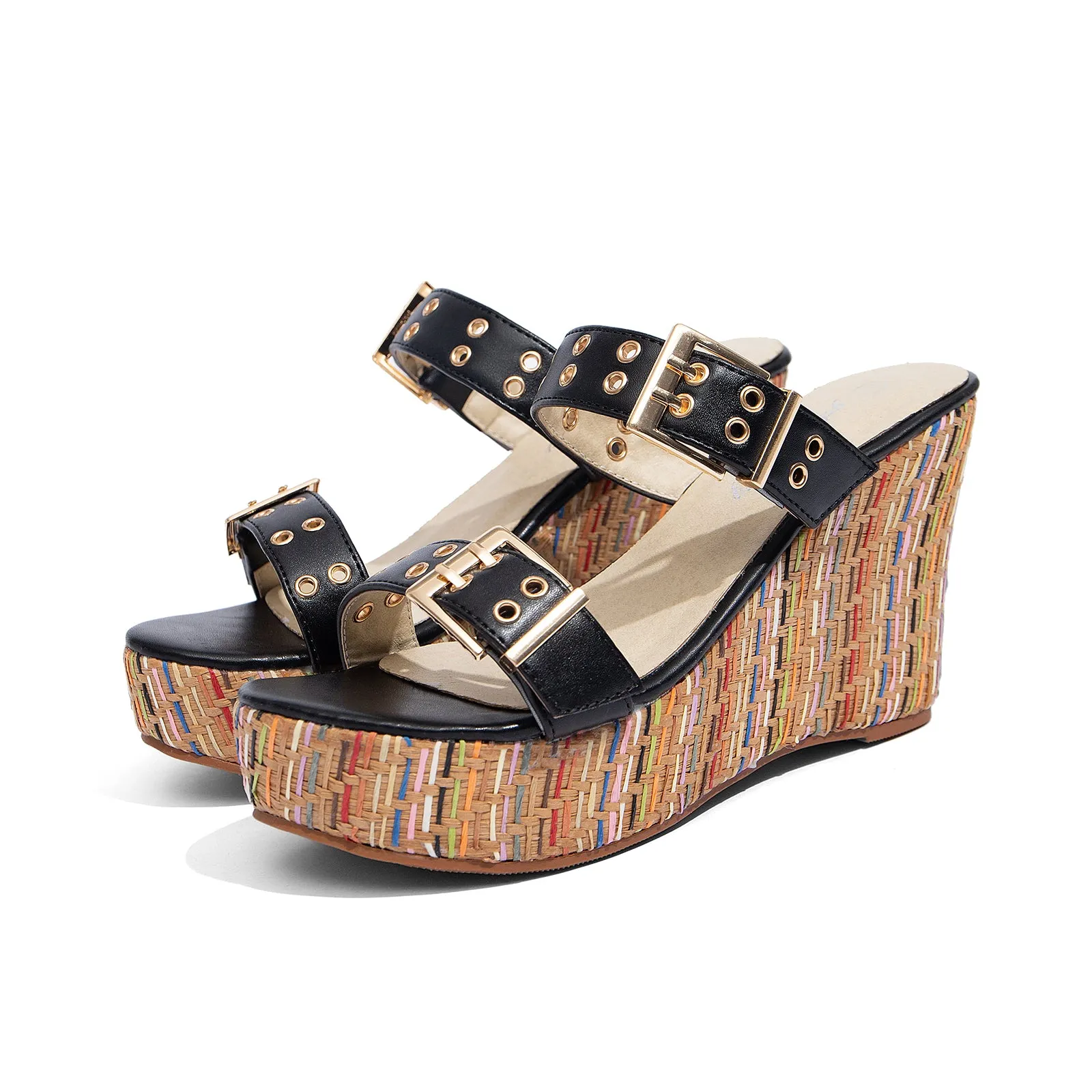Women's Slides Wedge Sandals with Buckle Strap Slip On Peep Toe Platform Sandals High Heels Shoes