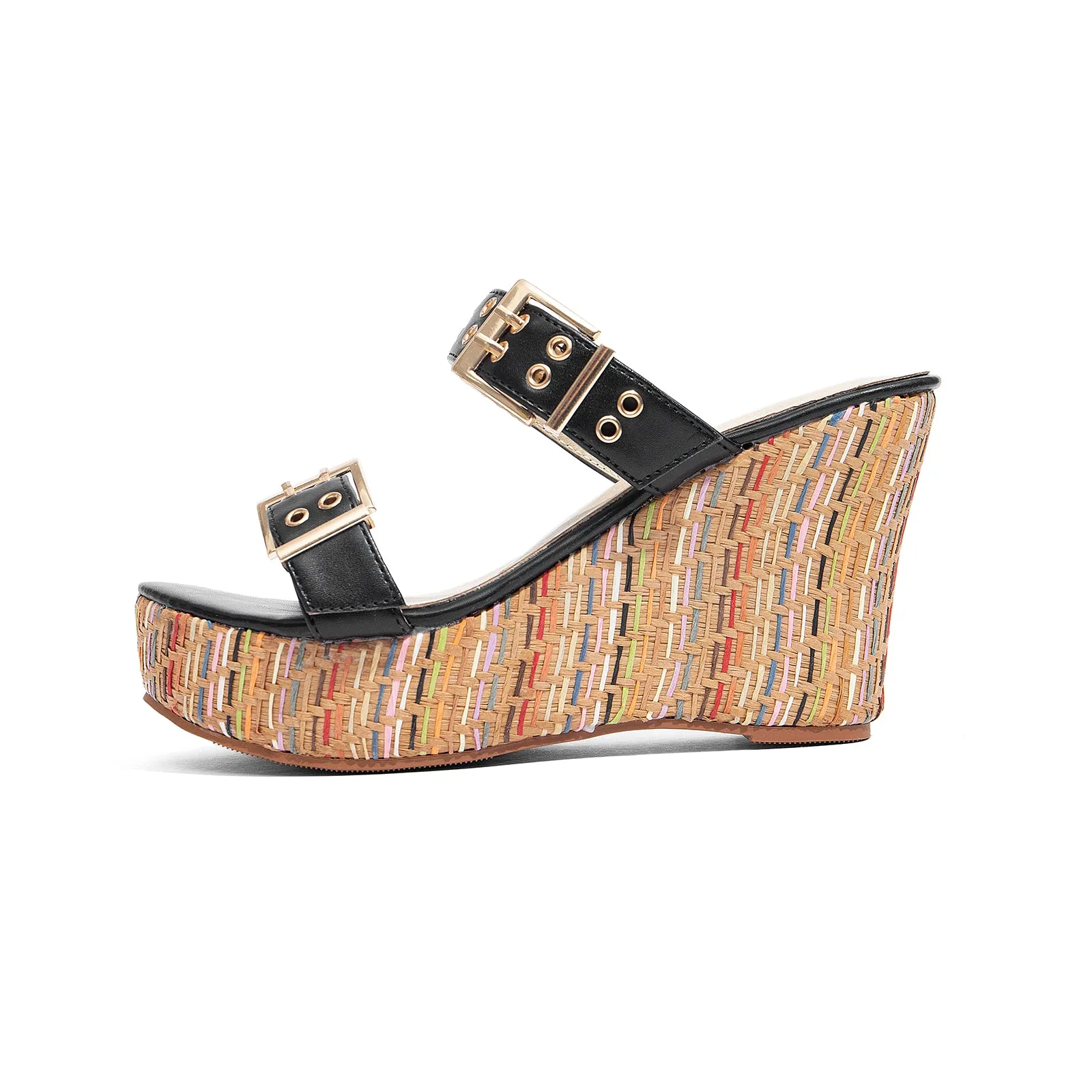 Women's Slides Wedge Sandals with Buckle Strap Slip On Peep Toe Platform Sandals High Heels Shoes