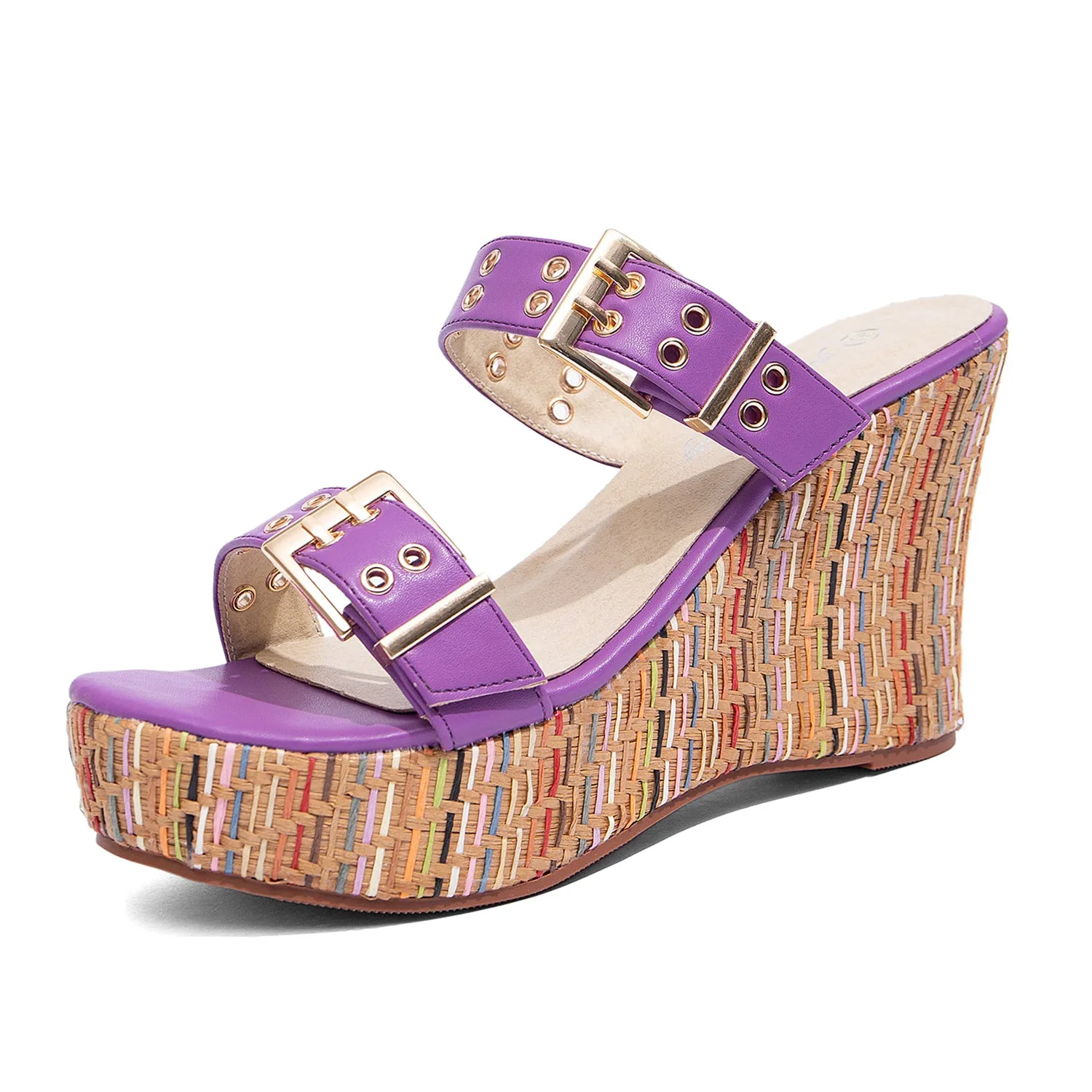 Women's Slides Wedge Sandals with Buckle Strap Slip On Peep Toe Platform Sandals High Heels Shoes