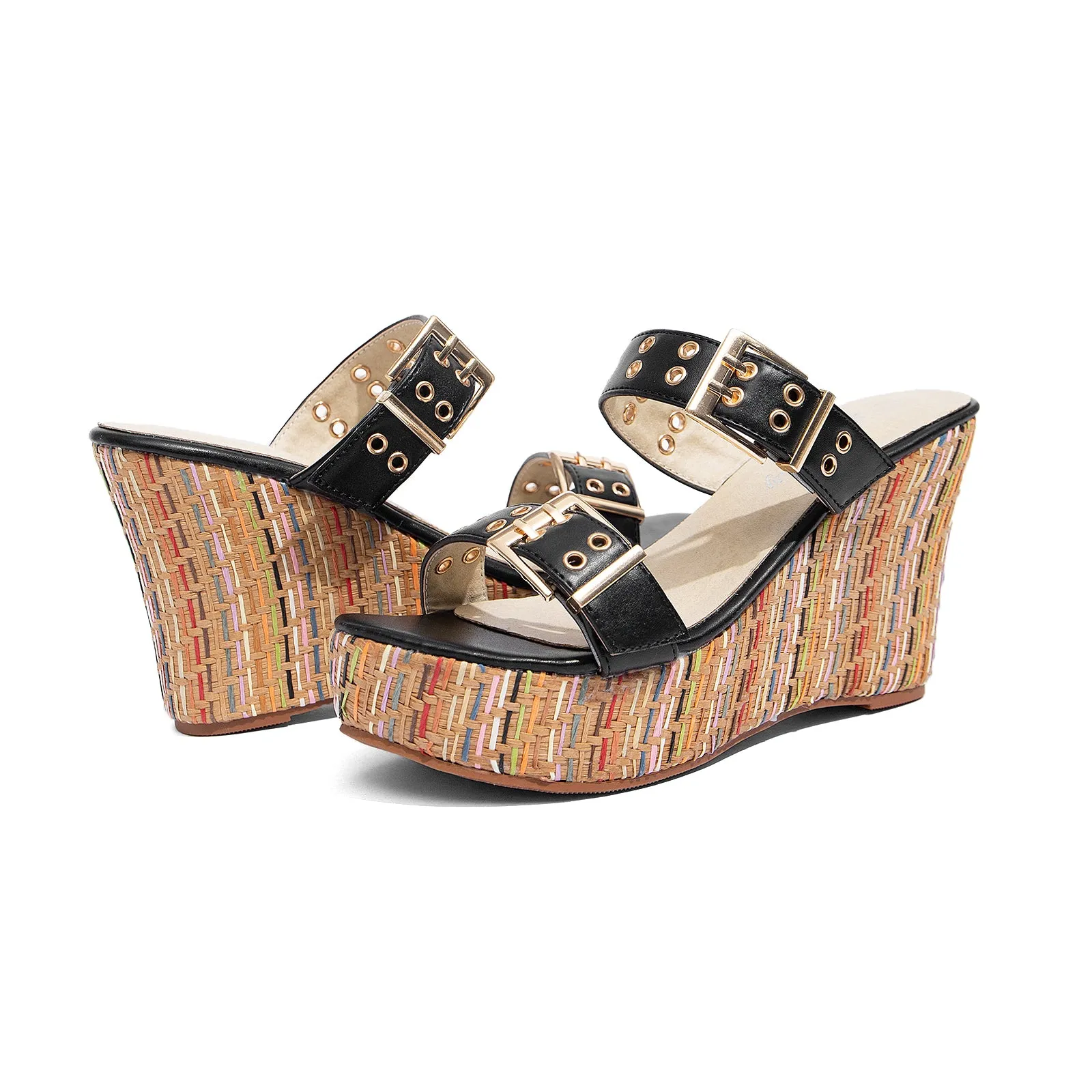 Women's Slides Wedge Sandals with Buckle Strap Slip On Peep Toe Platform Sandals High Heels Shoes