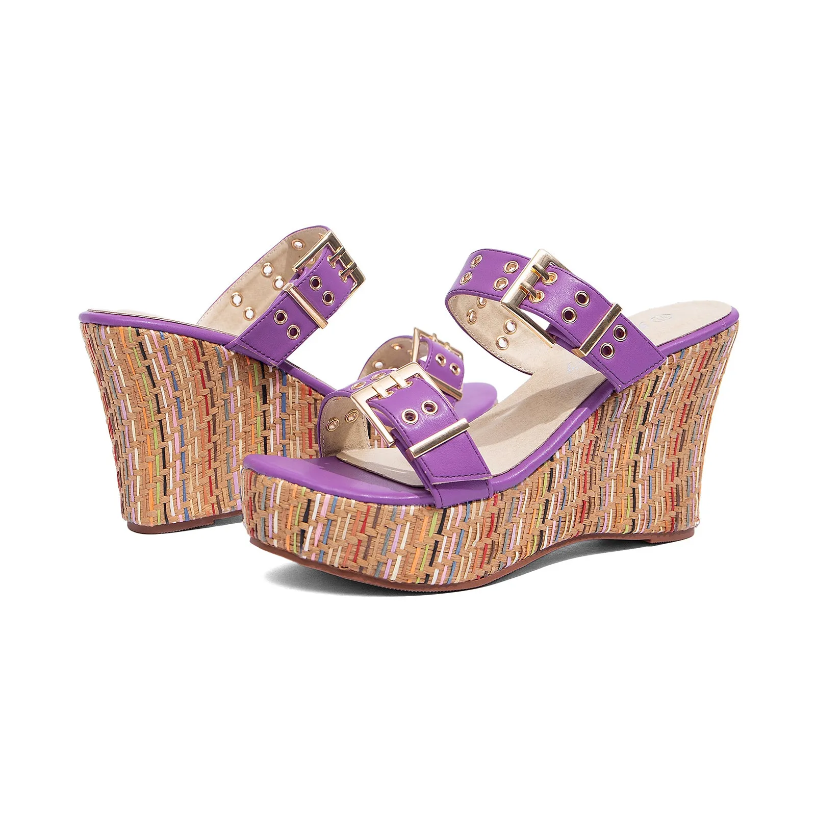Women's Slides Wedge Sandals with Buckle Strap Slip On Peep Toe Platform Sandals High Heels Shoes