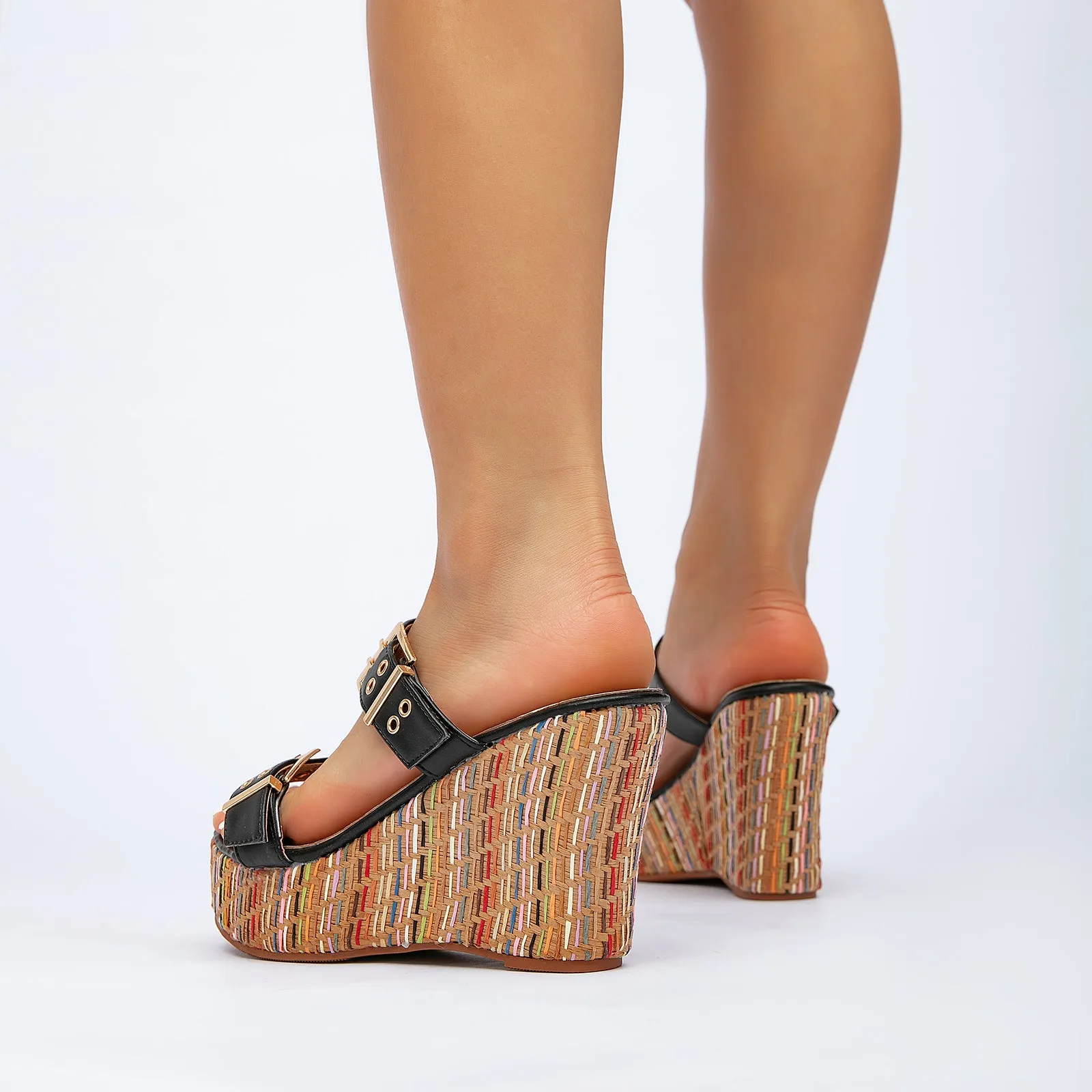 Women's Slides Wedge Sandals with Buckle Strap Slip On Peep Toe Platform Sandals High Heels Shoes