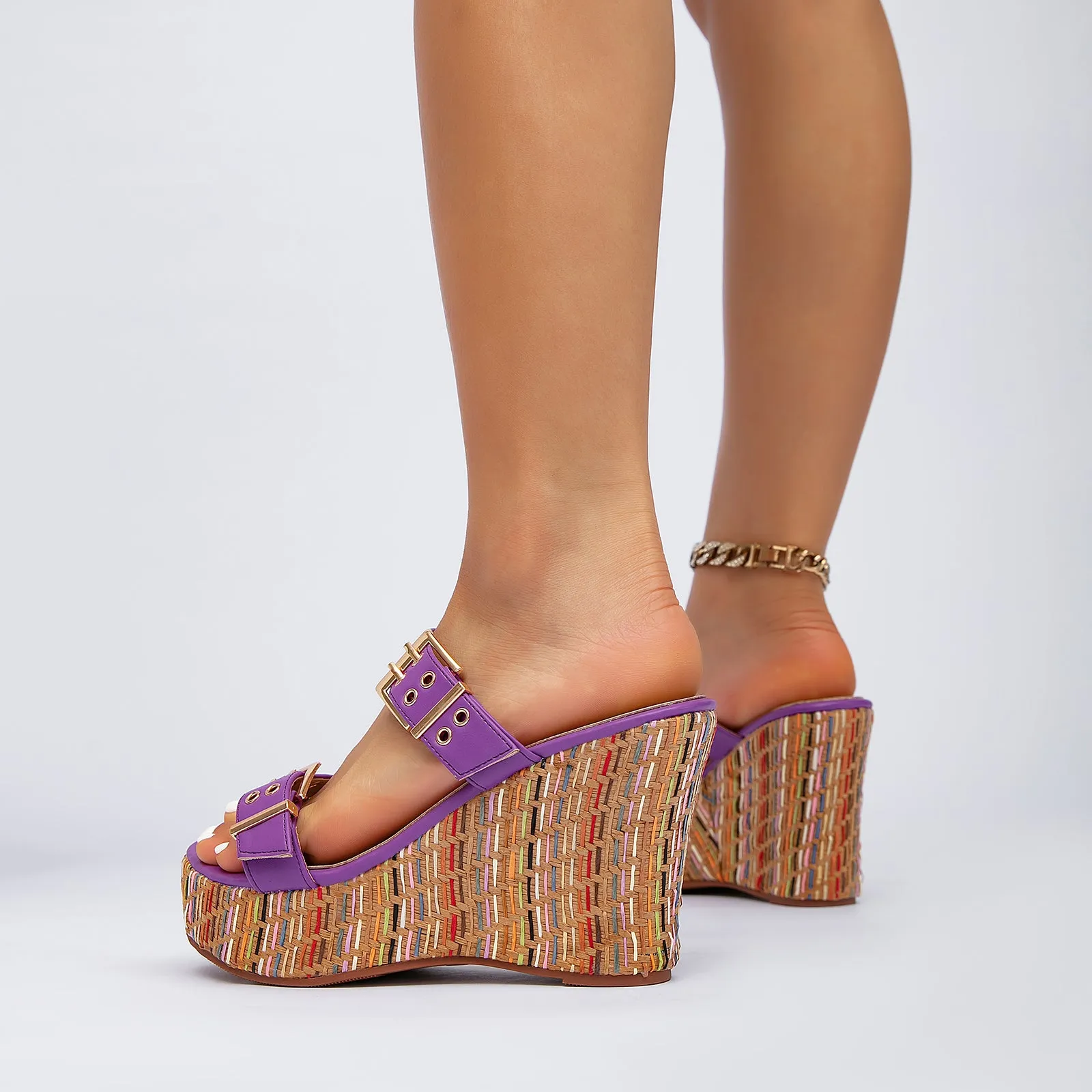 Women's Slides Wedge Sandals with Buckle Strap Slip On Peep Toe Platform Sandals High Heels Shoes