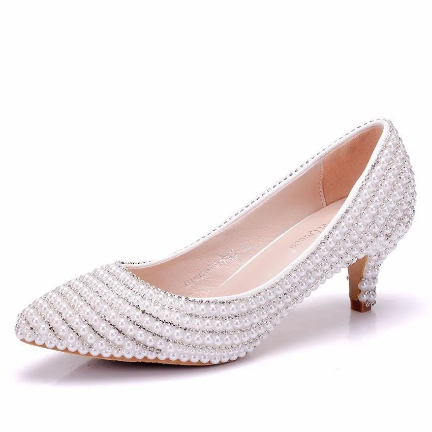 Women's white imitation pearls kitten heel wedding pumps