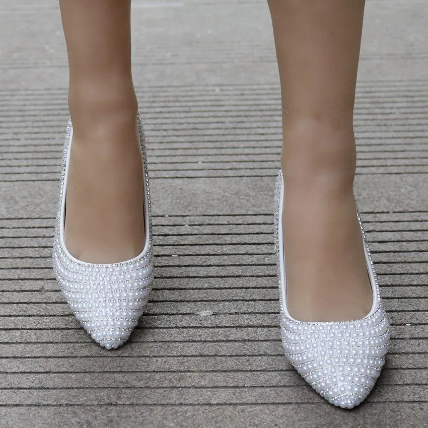 Women's white imitation pearls kitten heel wedding pumps