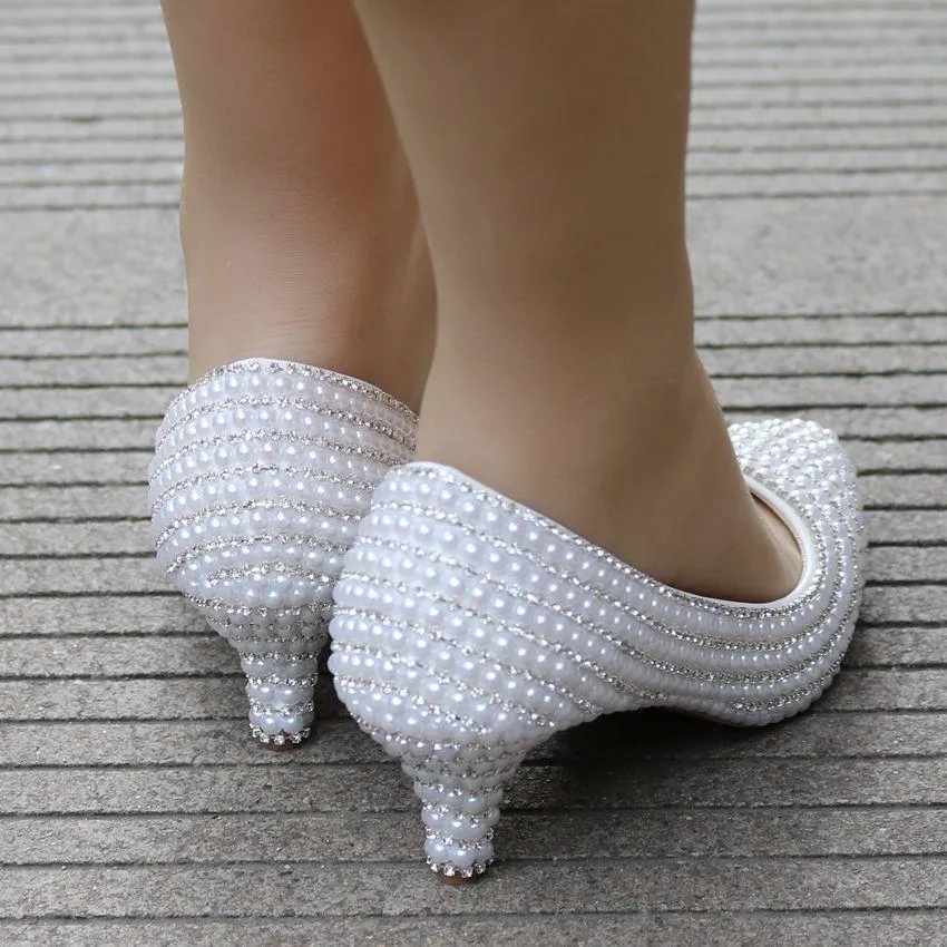 Women's white imitation pearls kitten heel wedding pumps