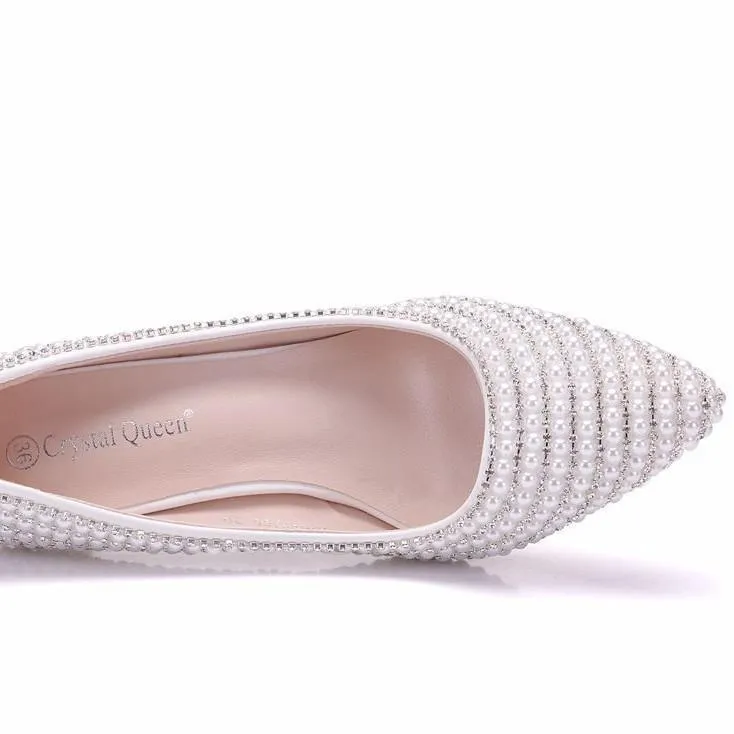 Women's white imitation pearls kitten heel wedding pumps