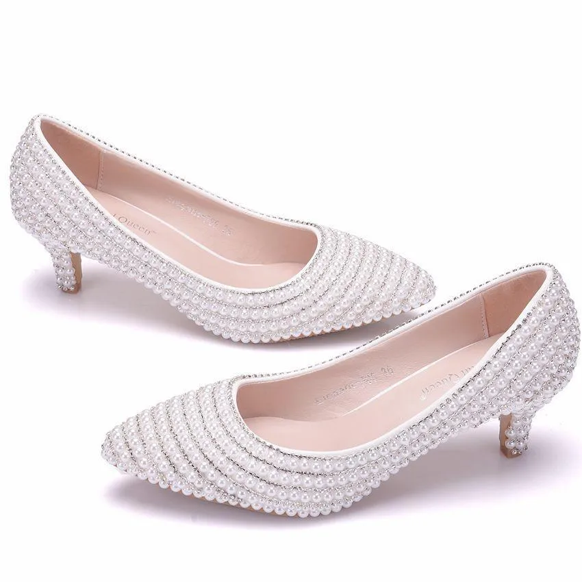 Women's white imitation pearls kitten heel wedding pumps