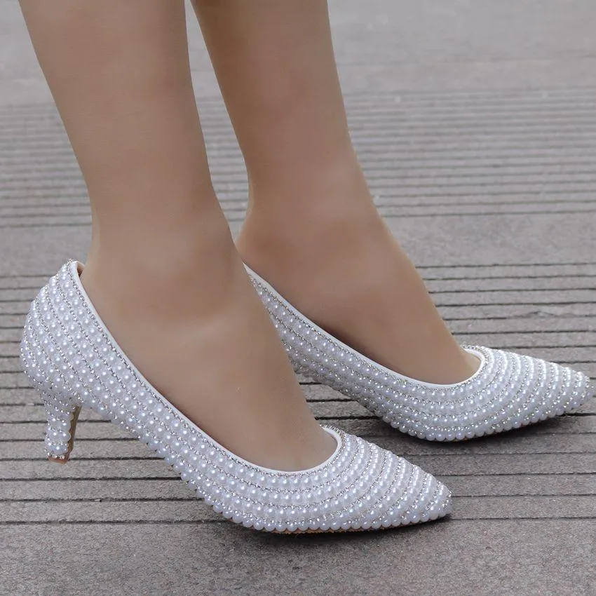Women's white imitation pearls kitten heel wedding pumps