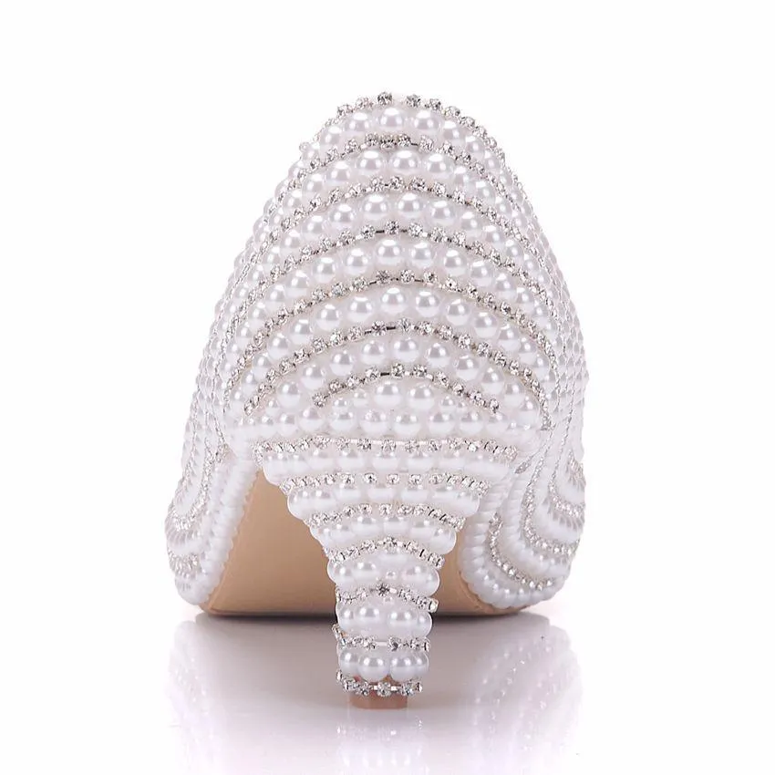 Women's white imitation pearls kitten heel wedding pumps