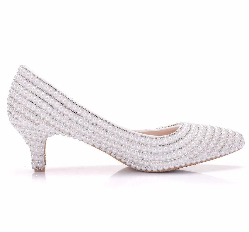 Women's white imitation pearls kitten heel wedding pumps
