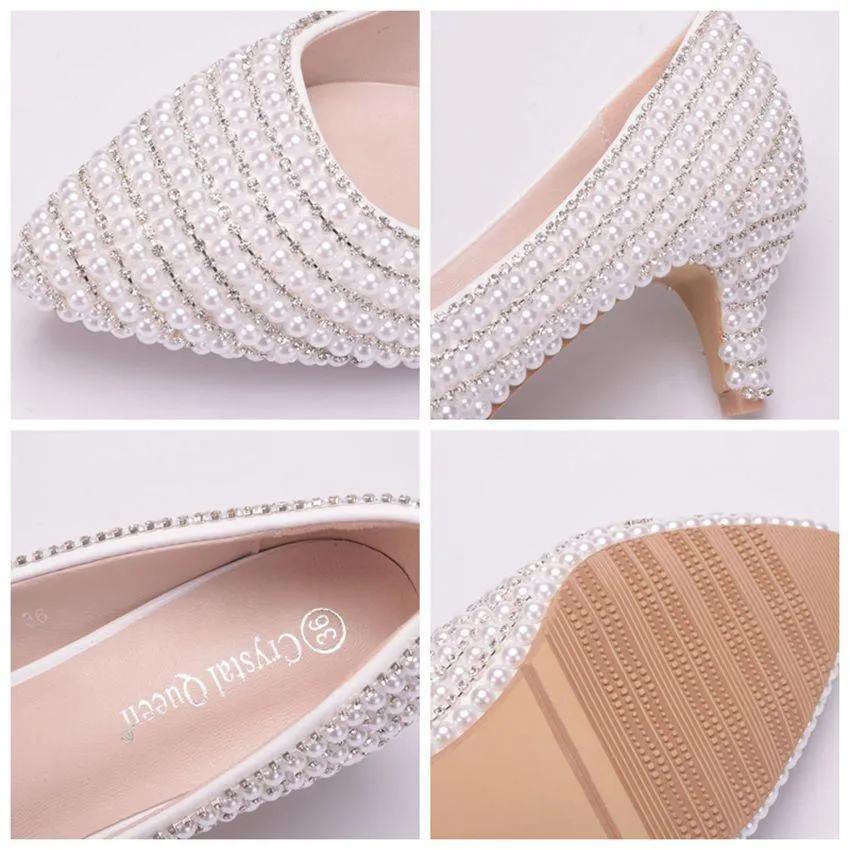 Women's white imitation pearls kitten heel wedding pumps